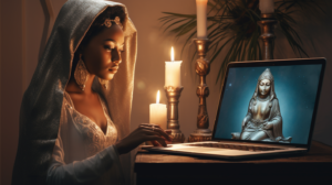 Woman looking at laptop Goddess Ritual SourceHeiress website